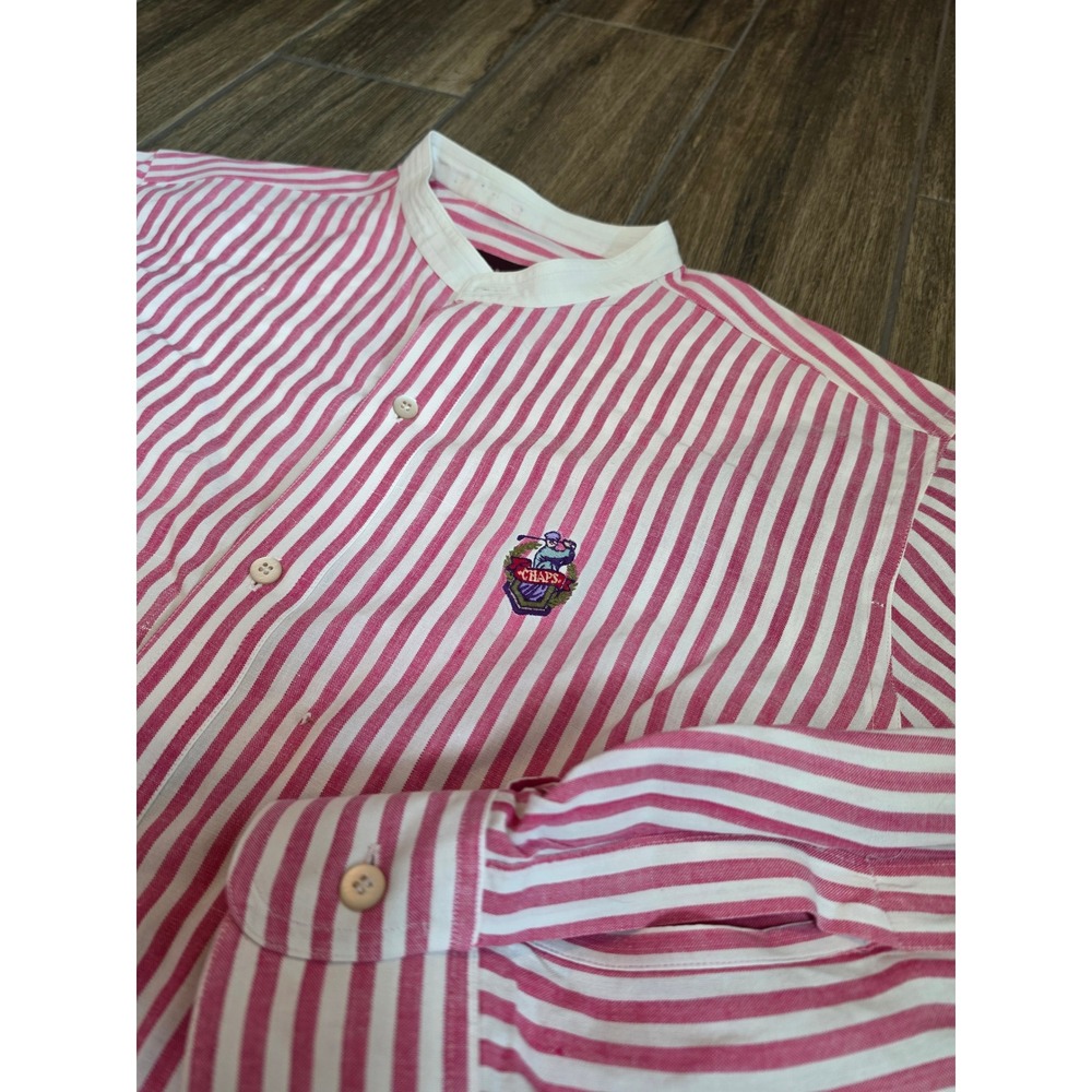 Vintage Chaps Ralph Lauren Mens Red White Striped Band Collar Cotton Shirt M